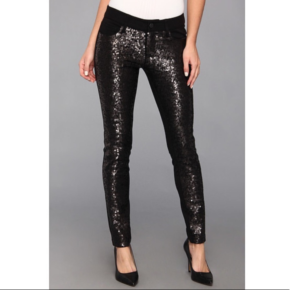 Paige from Anthropologie. Emily Ponte sequin front black pants.